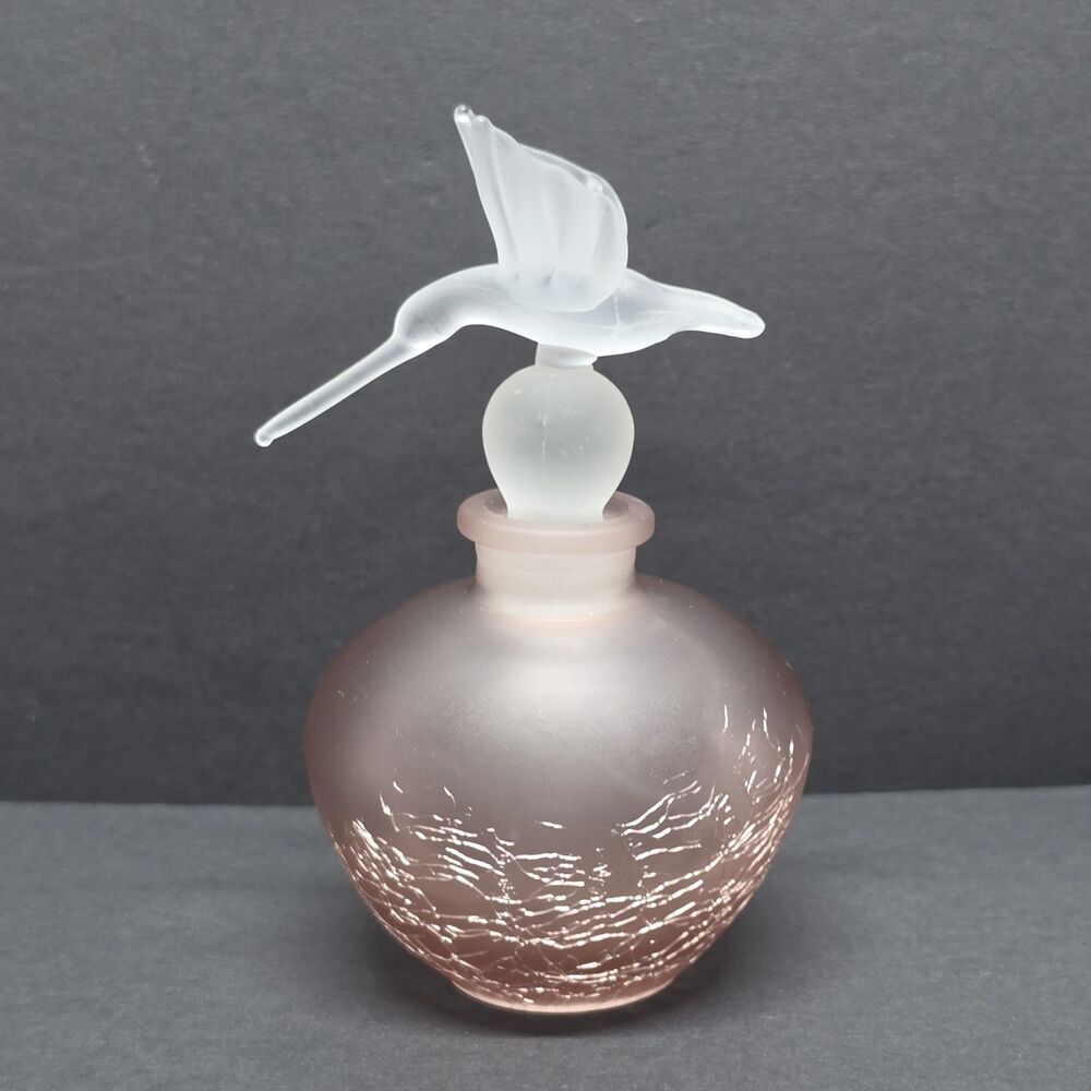 Vintage Pink Frosted Crackle Glass Perfume Bottle Hummingbird 4" By Glass Act